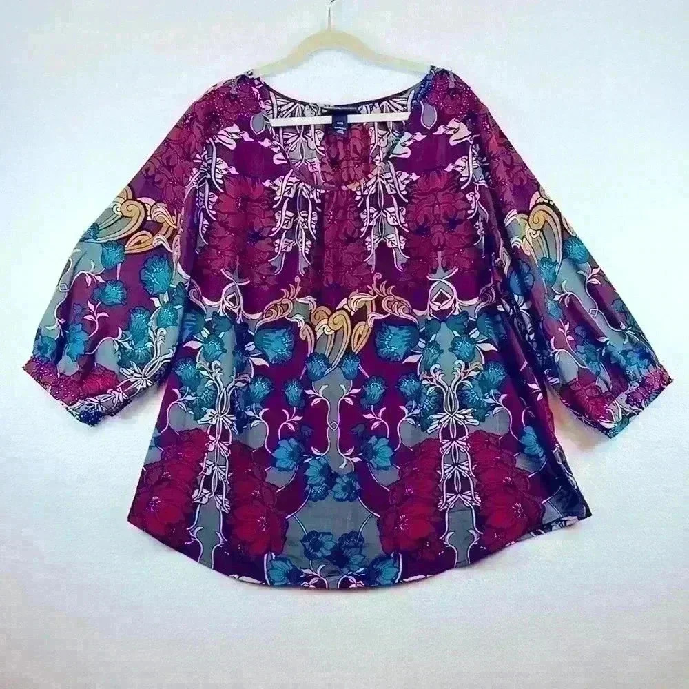 Lane Bryant Long Blouse Top Beaded Embellishment Colorful Women Plus Size 26-28